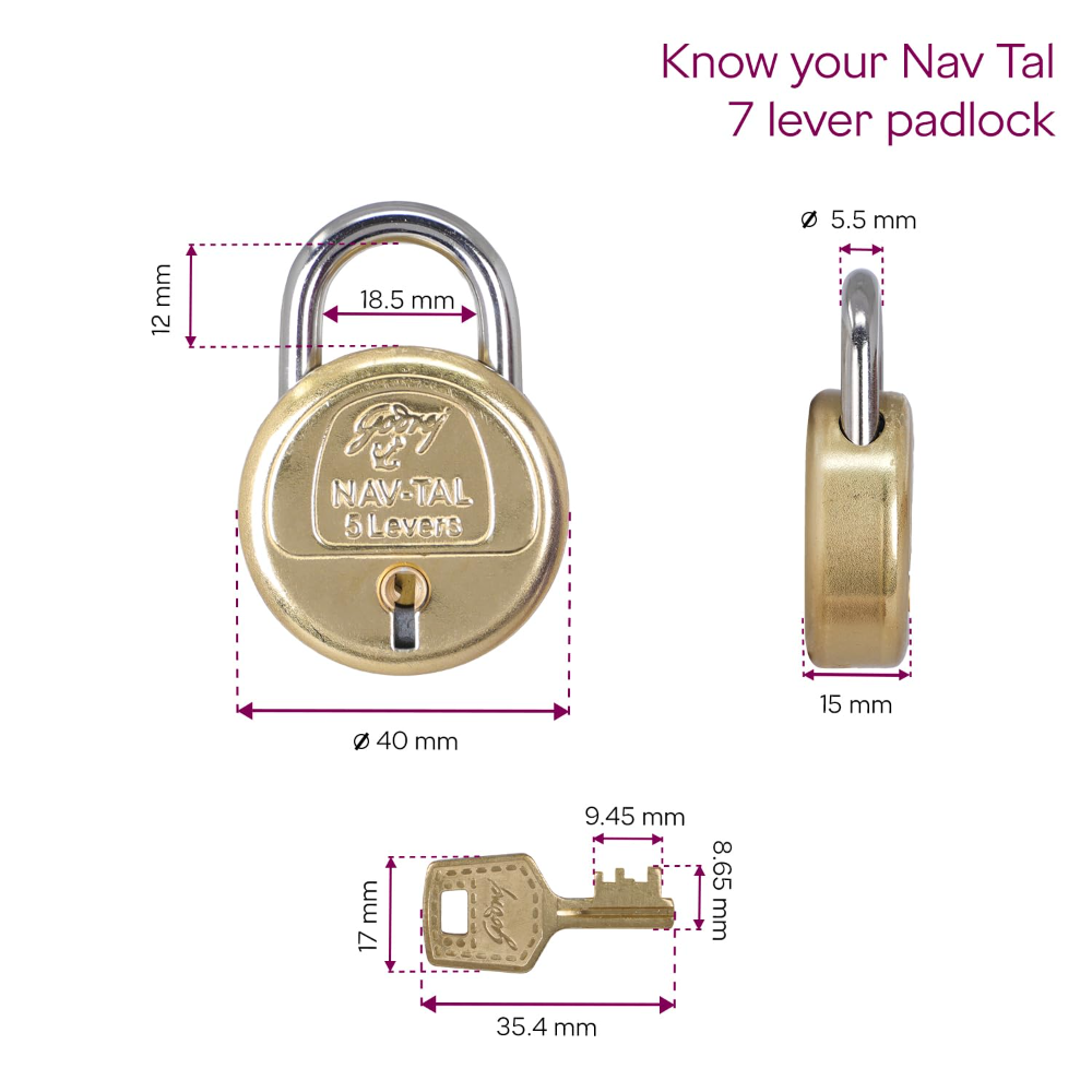 Godrej Padlock | Navtal 5 Lever Brass Padlock 40mm with 3 Keys | Strong Steel Shackle | Rust Resistant Lock for Main Door, Gates, Lockers, Cabinets, Travelling Bags & Tool Boxes | 1 Year Warranty